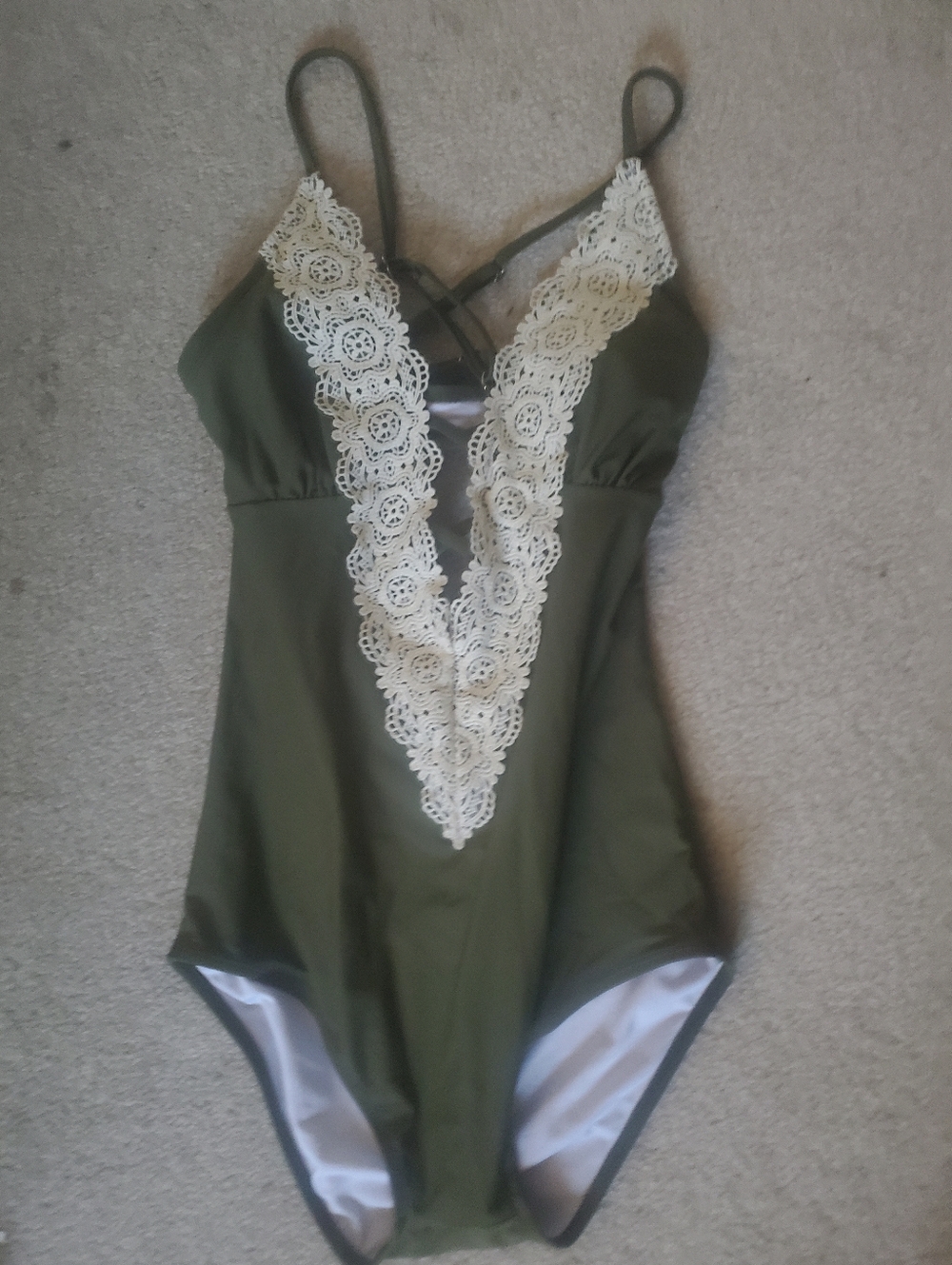 Olive Green One-Piece Swimsuit with Ivory Lace V-Plunge